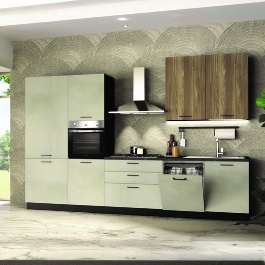 Cucina completa Micol sinistra con struttura in antracite basi e colonne in cemento bianco e pensili in olmo tabacco Effezeta