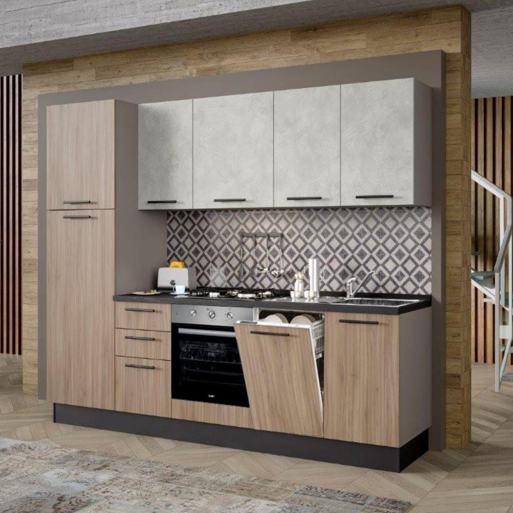 Cucina Licola 255x216H reversibile colore noce chiaro e pensili spatolato con lavastoviglie Effezeta
