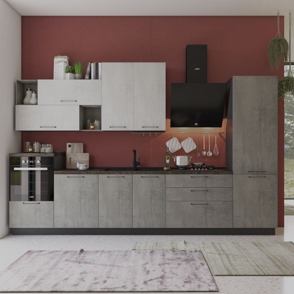 Cucina Pola mira 360 cm antracite cemento fumo top ceramica destra con lavastoviglie Effezeta
