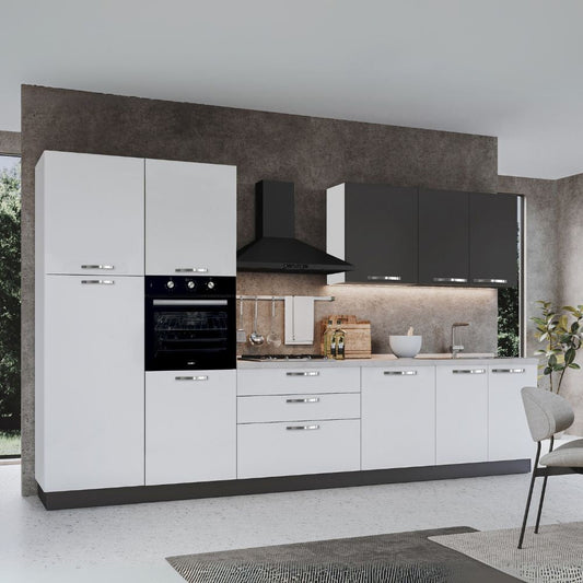 Cucina reversibile Iris 360 cm con cassa bianca base e colonne bianco lucido e e pensili grafite Effezeta