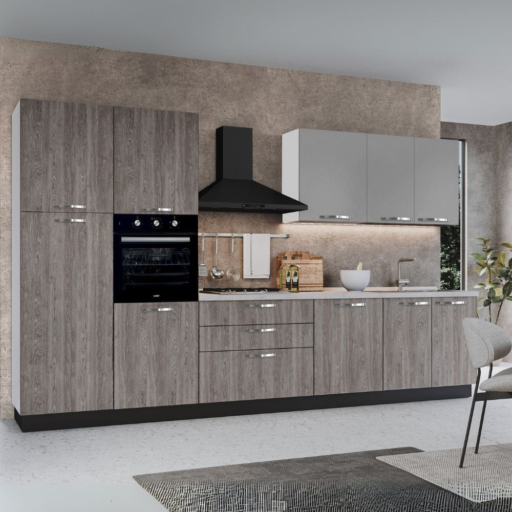 Cucina reversibile Iris 360 cm con cassa bianca base e colonne forest grigio e pensili grigio chiaro Effezeta