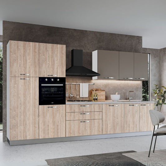 Cucina reversibile Iris 360 cm con cassa bianca base e colonne rovere gessato naturale e pensili tortora Effezeta