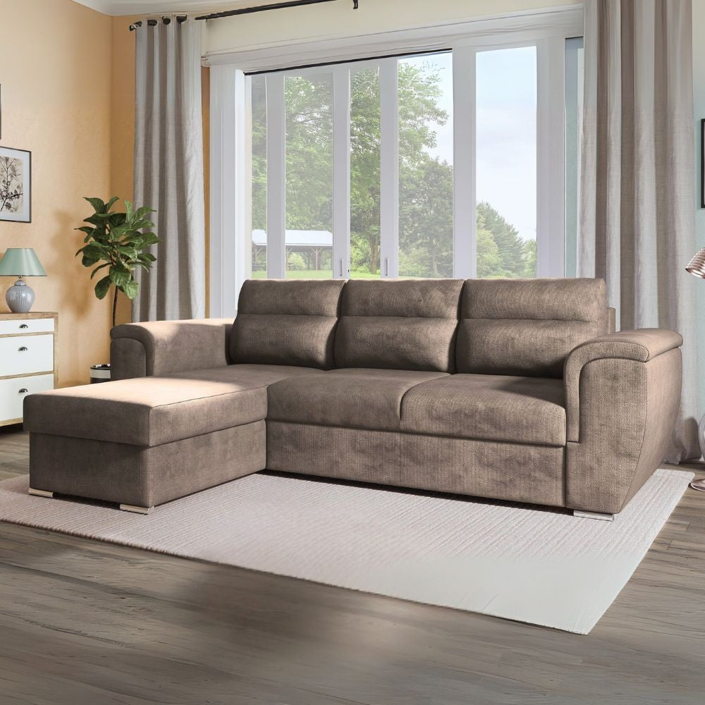 Divano Kendall II con letto estraibile e penisola contenitore reversibile in tessuto Giulia 9703 cappuccino Effezeta