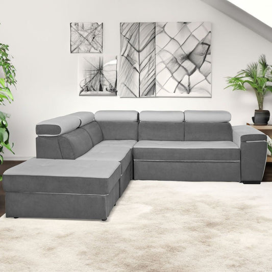 Divano Kutri penisola letto e contenitore bicolore Luna24 grigio elephant e Luna19 grigio chiaro Effezeta