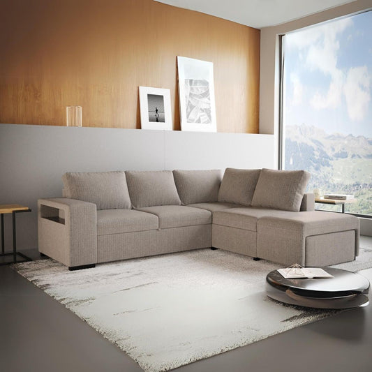Divano letto angolare reversibile Jozzis con vano contenitore e pouf in tessuto Dubai G0741 sabbia Effezeta
