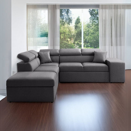 Divano letto angolare reversibile New Belen con contenitore e 2 pouff estraibili in tessuto Degas 92 grigio scuro Effezeta
