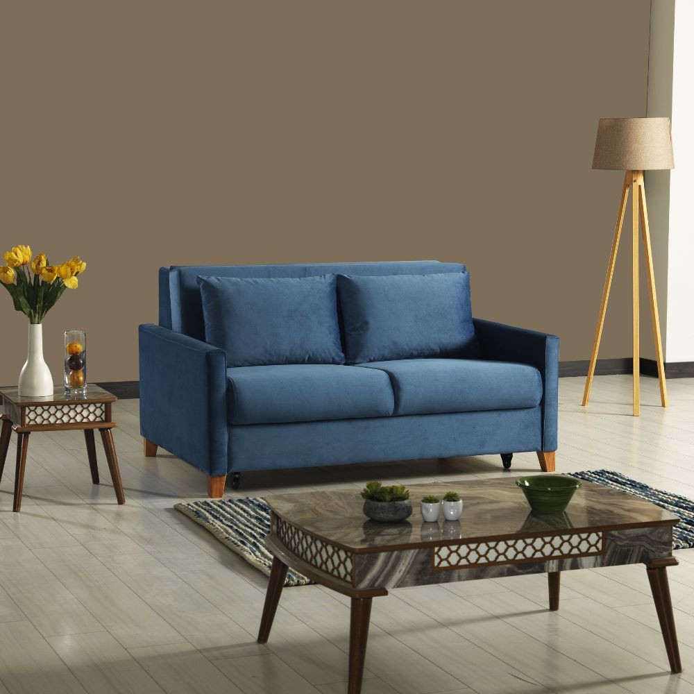 Divano letto Calion contenitore in Twist 12 light blue con piedi in legno Effezeta