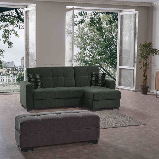 Divano letto con penisola Fermina Lounge con doppio contenitore in Crown 12 verde oliva Effezeta