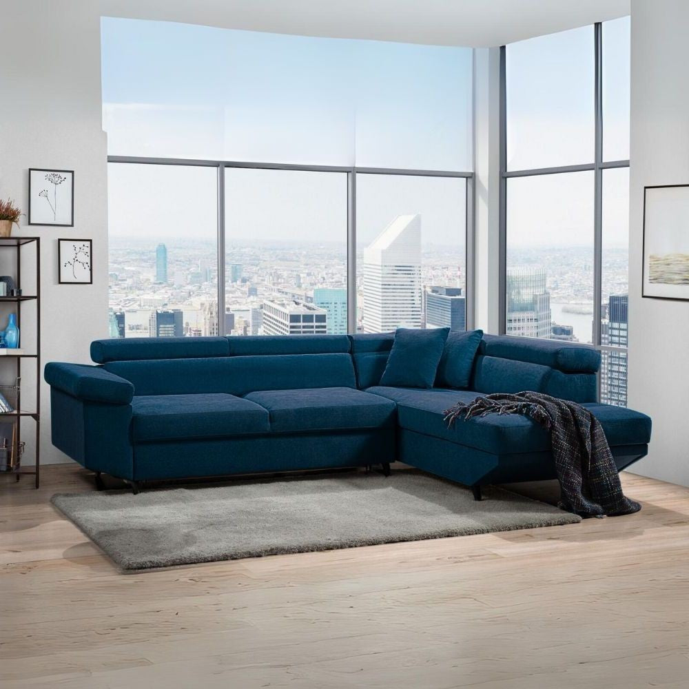 Divano letto Denver con penisola contenitore destra in Bonn 80 blu Effezeta