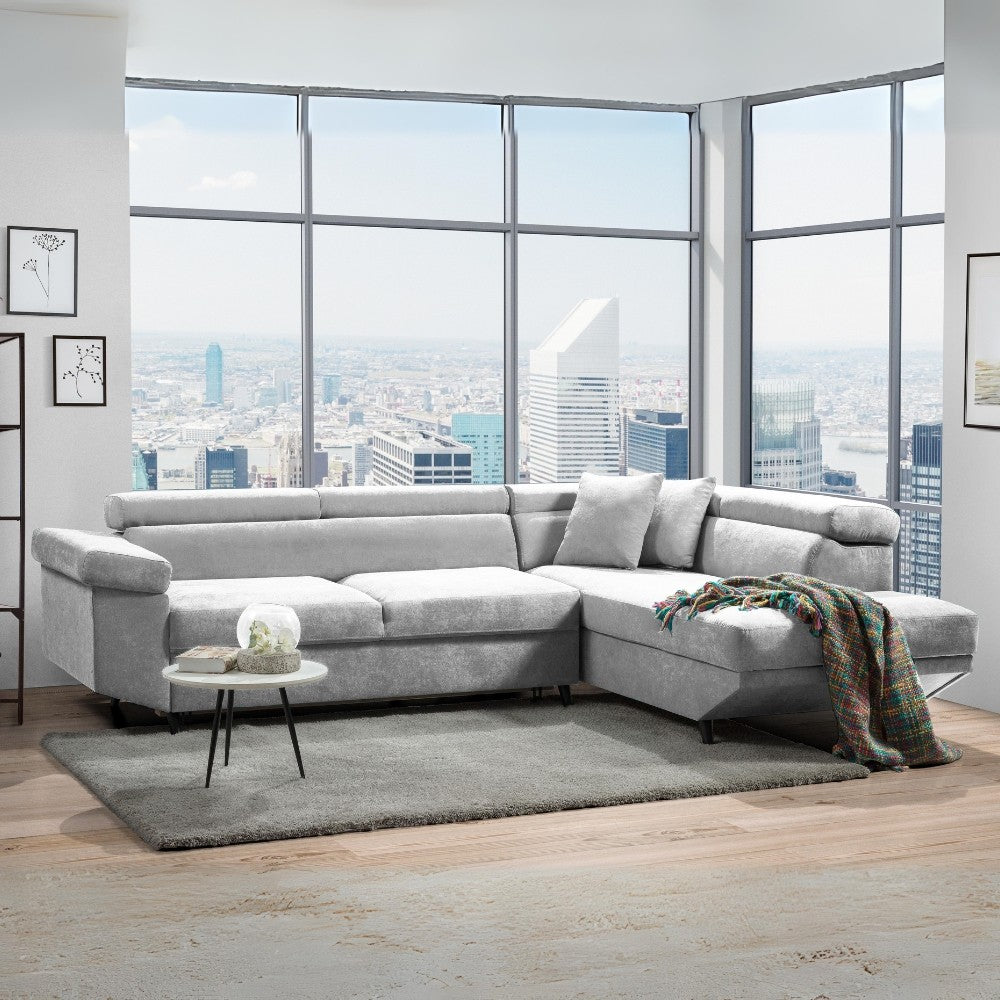 Divano letto Denver con penisola contenitore destra in Rondo 80 grigio chiaro Effezeta