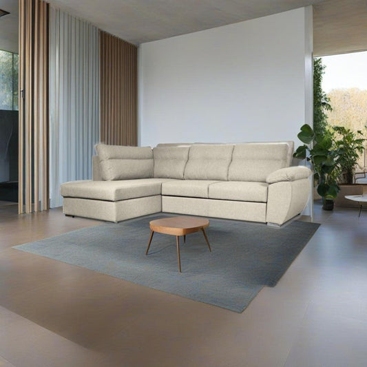 Divano letto Kendall III con penisola contenitore sinistro in tessuto Barrel 04 beige Effezeta