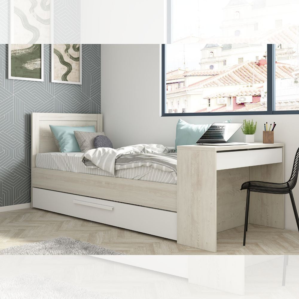 Letto 1950 con scrivania integrata e letto estraibile reversibile bianco vintage e bianco Effezeta