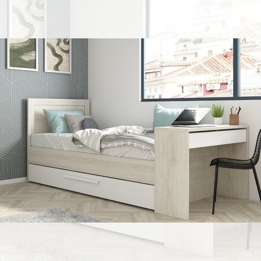 Letto 1950 con scrivania integrata e letto estraibile reversibile bianco vintage e bianco