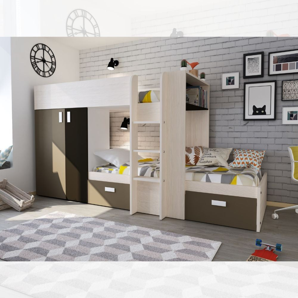 Letto a castello 1371 bianco vintage, beige e marrone con armadio e cassetti reversibili Effezeta