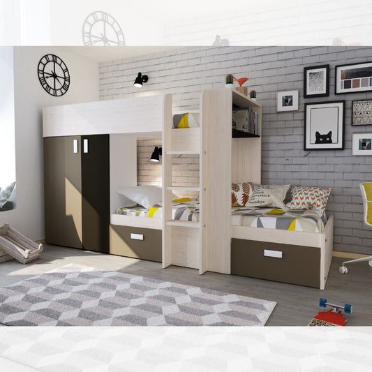 Letto a castello 1371 bianco vintage, beige e marrone con armadio e cassetti reversibili