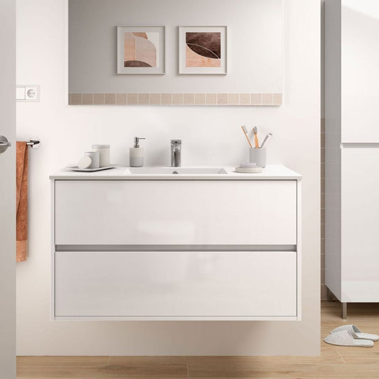 Mobile bagno sospeso Claros100 bianco laccato lucido con lavabo 2 cassetti 100x45x56h Effezeta