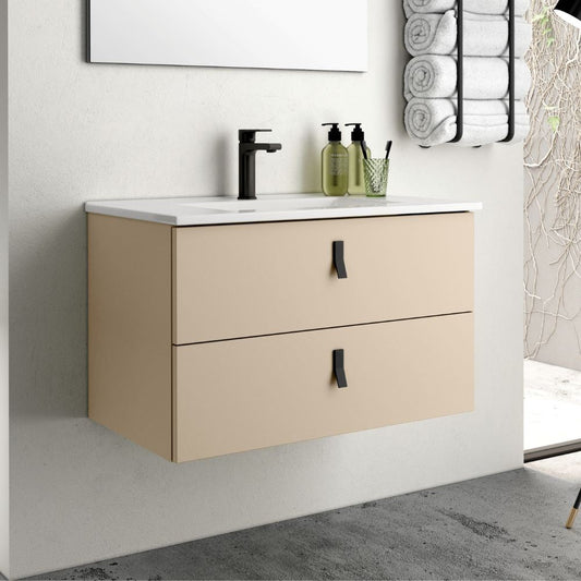 Mobile bagno sospeso Invicta con due cassetti colore cappuccino con maniglie nere 80x48x45 cm. Effezeta