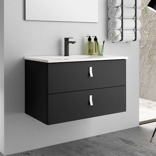 Mobile bagno sospeso Invicta con due cassetti colore nero e maniglia bianca 80x48x45 cm. Effezeta