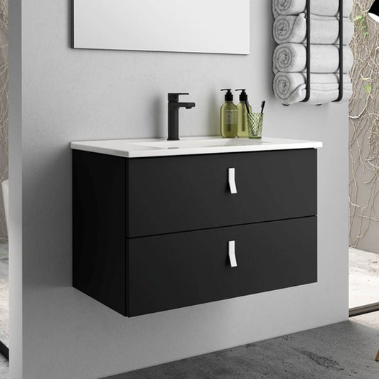 Mobile bagno sospeso Invicta con due cassetti colore nero e maniglie bianche 60x48x45 cm. Effezeta