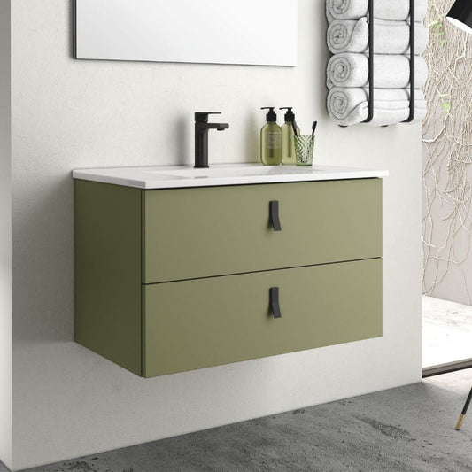 Mobile bagno sospeso Invicta con due cassetti colore verde oliva con maniglie nere 80x48x45 cm. Effezeta