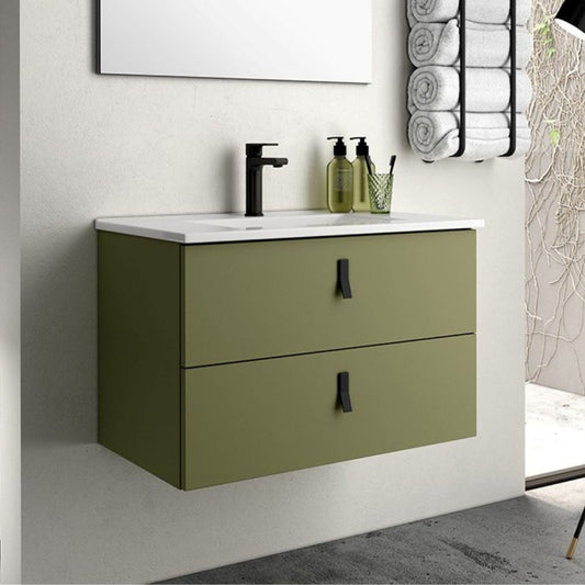 Mobile bagno sospeso Invicta con due cassetti colore verde oliva e maniglie nere 60x48x45 cm. Effezeta