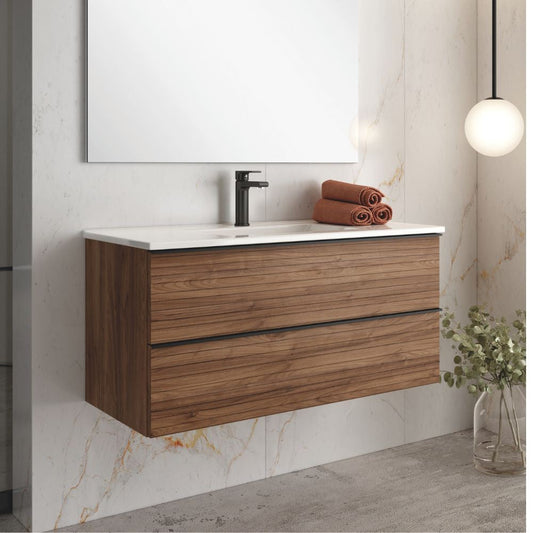 Mobile bagno sospeso Senda con 2 cassettoni colore noce effetto cannettato e maniglie nere 100x45.5x48 cm. Effezeta