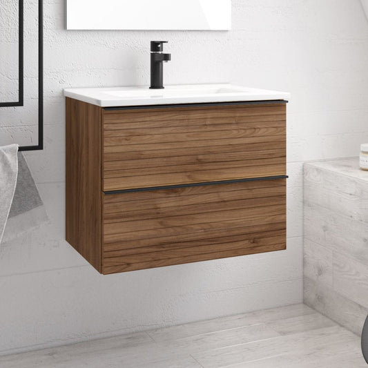 Mobile bagno sospeso Senda con 2 cassettoni colore noce effetto cannettato e maniglie nere 80x45.5x48 cm. Effezeta