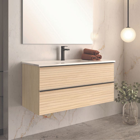 Mobile bagno sospeso Senda con 2 cassettoni colore rovere chiaro effetto cannettato e maniglie nere 100x45.5x48 cm. Effezeta