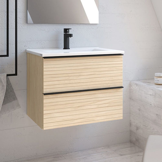 Mobile bagno sospeso Senda con 2 cassettoni colore rovere chiaro effetto cannettato e maniglie nere 80x45.5x48 cm. Effezeta